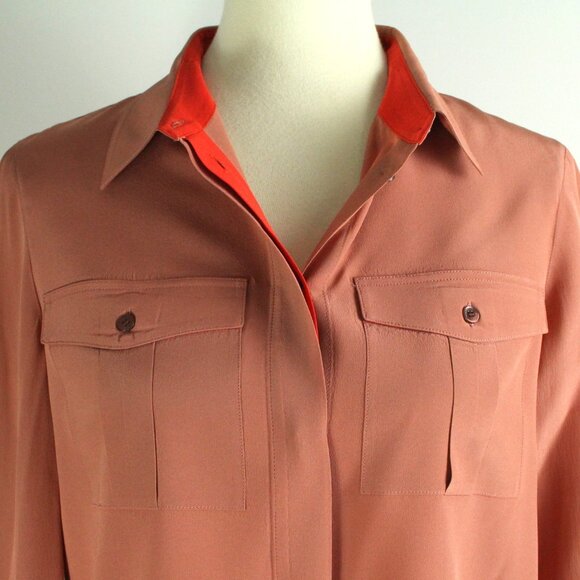 Burberry London Silk Button Front Clay Brown Red Detail Long Sleeve Blouse 6 - Picture 3 of 8